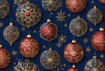 The primary subject of the image is a collection of Christmas ornaments. These ornaments are displayed on a blue background, creating a festive and holiday atmosphere. The ornaments are a mix of gold and red colors, adding a touch of warmth and elegance to the scene. The visual style of the image is a combination of photo and digital art, as it captures the intricate details of the ornaments while maintaining a cohesive and visually appealing composition.